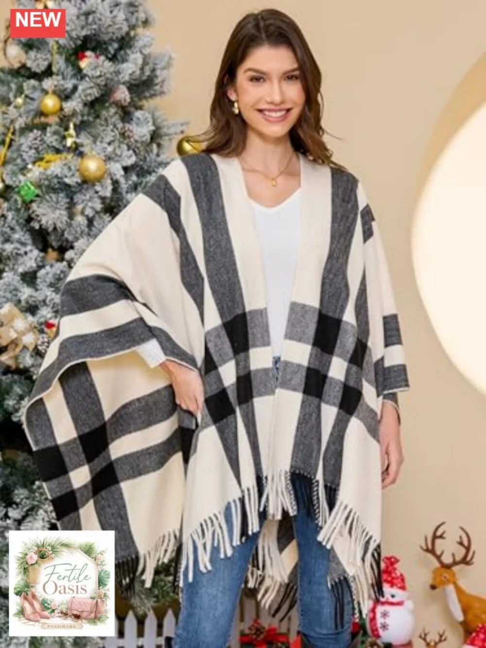 Plaid Shawl Wrap Poncho Cape Open Front Faux Wrap Winter Fall